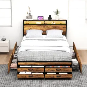 Full Platform Bed Frame with 8 Storage Drawers and Charging Station, Metal Full Size Bed Frame with LED Light and Bookshelf Headboard, Heavy Duty Metal Slats, No Box Spring Needed, Rustic Brown