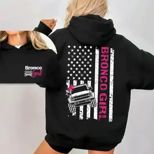 Bronco Girl American Flag Hoodie for Women, Patriotic Distressed Graphic Sweatshirt with Pink Bow, Oversized Off-Road Truck Pullover, Comfy Black Hoodie Sweatshirt, Gift for Her