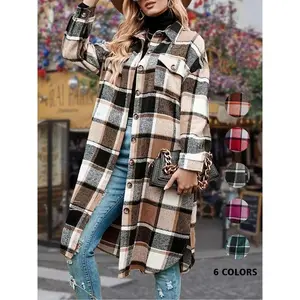 Women's Colorblock Plaid Print Button Front Drop Shoulder Coat, Casual Long Sleeve Collared Pocket Coat for Fall & Winter, Women's Clothing for Daily Wear(gift)
