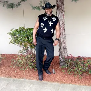 HYPESTFIT Men's Cross-Terry Embroidery Crew Neck Frayed Edge Knitted Vest Street Style Sleeveless Sweater Distressed Hem Casual Loose Fit