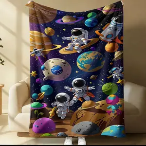Cartoon Kids' Bedding Set: Space & Planet Print Blanket. Sci-Fi Themed Bedroom Decor & Sofa Throw—Soft, Comfortable, Breathable, and Skin-Friendly. Ideal for Travel & Trips—Lightweight and Easy to Carry (6 Styles Available).