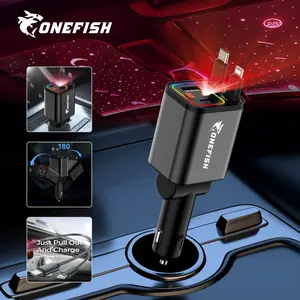 One Fish Starlight 4-in-1Retractable Car Charge ,30W Fast charging Cablewith USB A, Type C, For iPhone, iPad,  Samsung, Google.