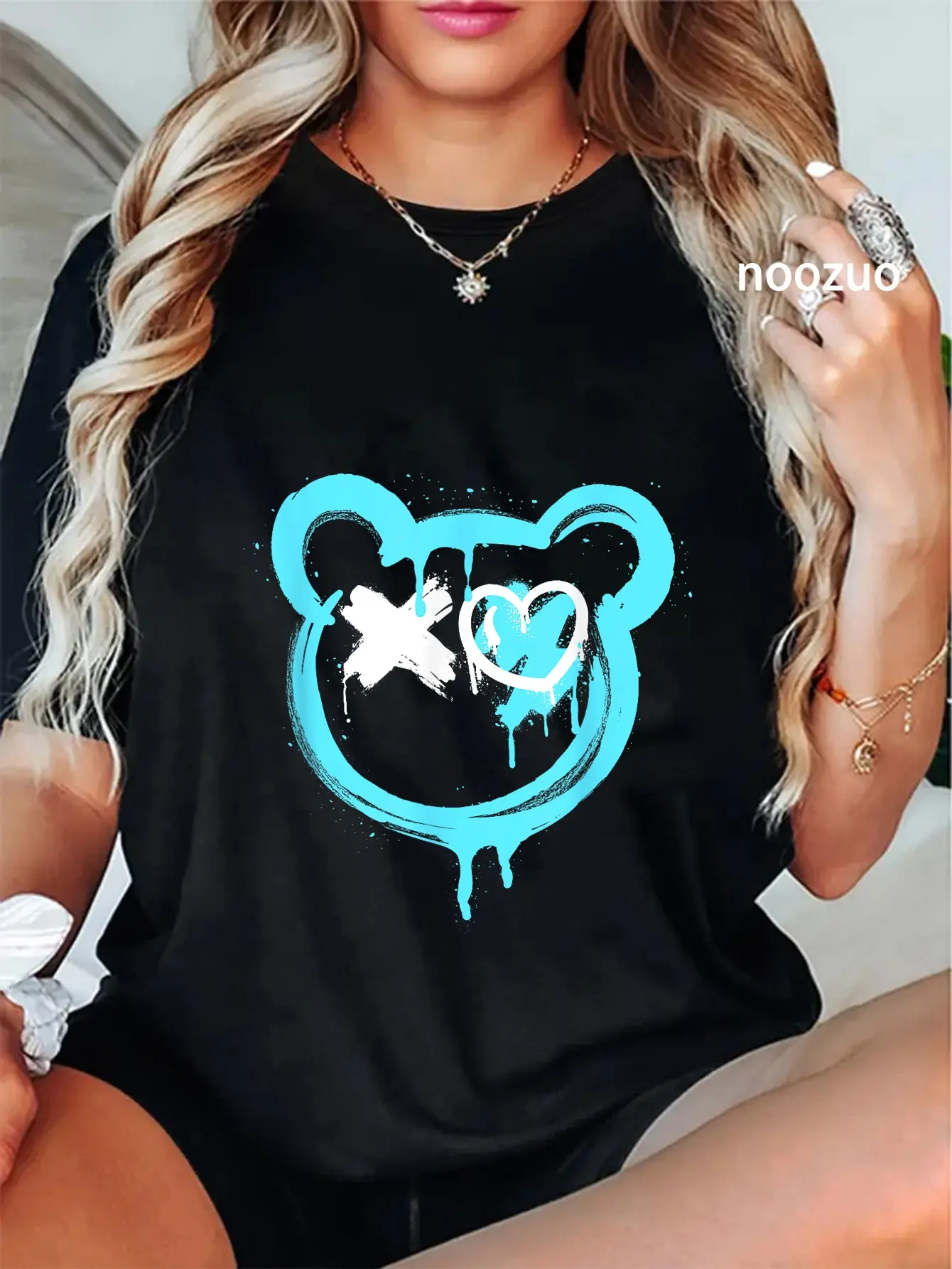 100% Cotton Unisex Graffiti Bear Love Punk Spray Paint Art Graffiti Bear T-Shirt Casual Top
