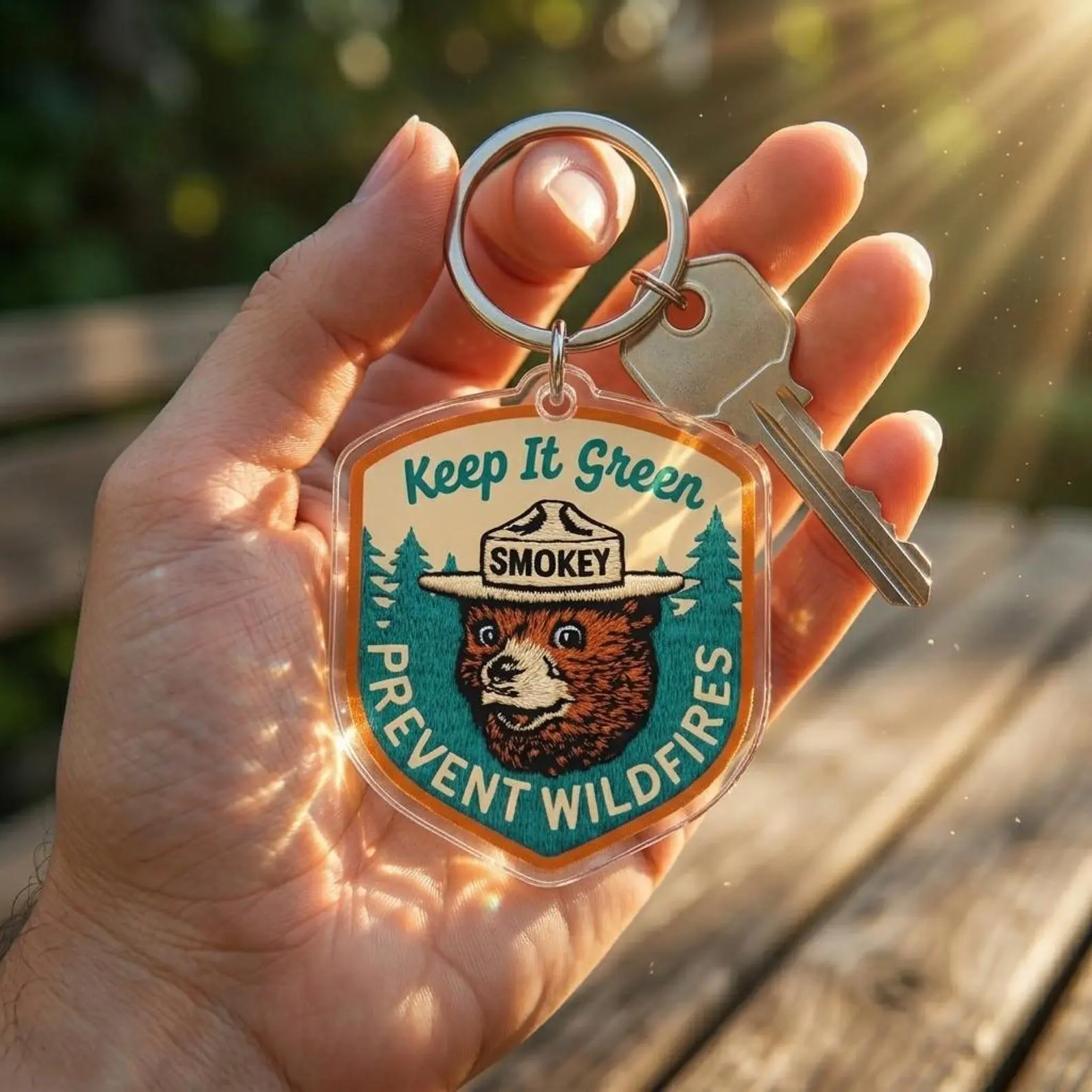 Smokey Bear Keychain, Prevent Wildfires Accessory, Sustainable Plywood Acrylic Charm