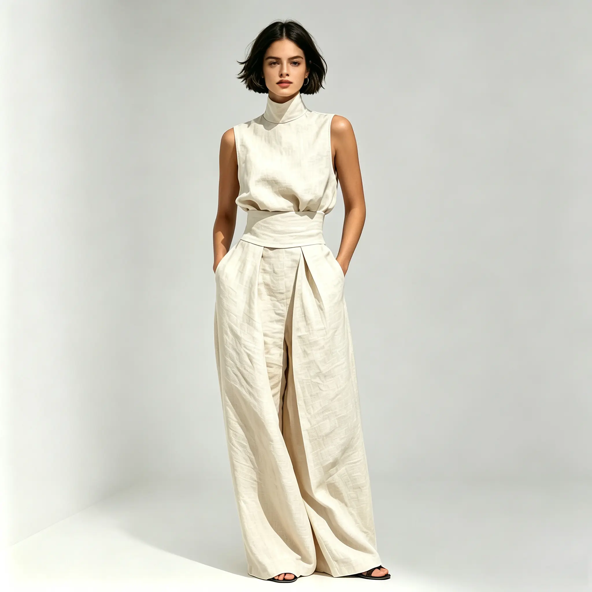 Women's 2-Piece Lady Clothes Set - Minimalist Comfortable Lightweight Summer Commuter Casual Suit, High-Neck Sleeveless Waist-Cinching Vest, Wide-Leg Side-Pocket Draping Style Pants, Women's Clothes, Outfits