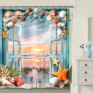 Ocean Starfish And Seashells Shower Curtain Set, Waterproof Bathroom Curtain With Hooks, Bathroom Accessories, Bathroom Home Decor