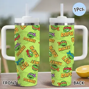 PIKPAKA Teenage Mutant Ninja Turtles Vacuum Flasks, Insulated Cups, Insulated Drinkware 40oz Stainless Steel Thermal Tumbler with Handle & Straw, Keeps Drinks Cold Up to 12 Hours, Leak-Resistant Cup for Iced Coffee, Water, Office, Gym or Travel