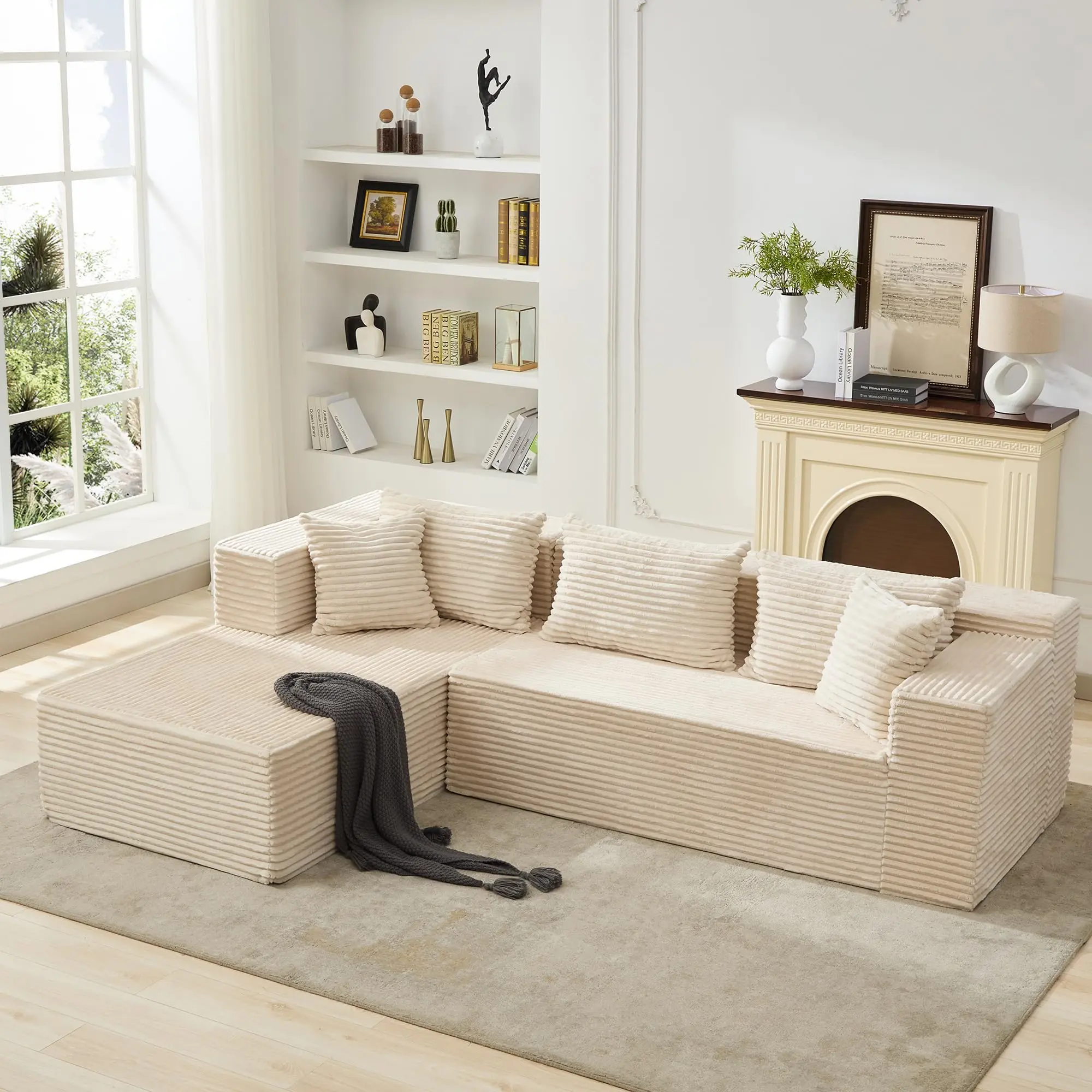 Boneless Couch, 106" Left Corduroy Cloud Couch Sectional，Vacuum Compressed Couch, L-Shaped Modular Sectional Couch with Chaise Lounge, Boneless Couch for Living Room, Comfy Compact Apartment Sofa