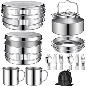 15 Pcs Camping Cookware Mess Kit Outdoor Cooking Set Stainless Steel with Pot and Pan Kit 2 Set Stainless Steel Cups Plates Forks Knives Spoons for Camping Backpacking Cooking Picnic