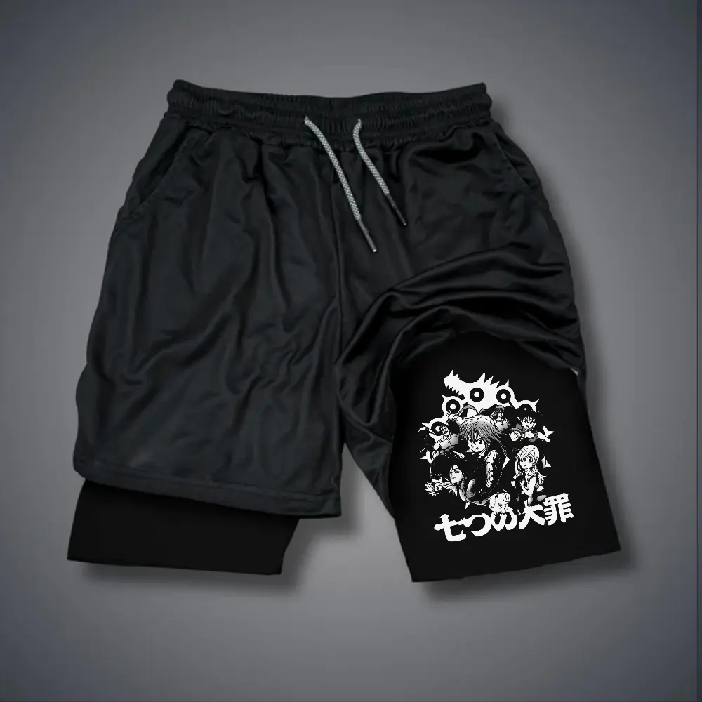 The Seven Deadly Sins Double-Layer Sports Shorts Graphic Shorts Black Shorts Camo Shorts Streetwear Shorts Men Outfits Men Short Shorts Vacation Outfits Shorts