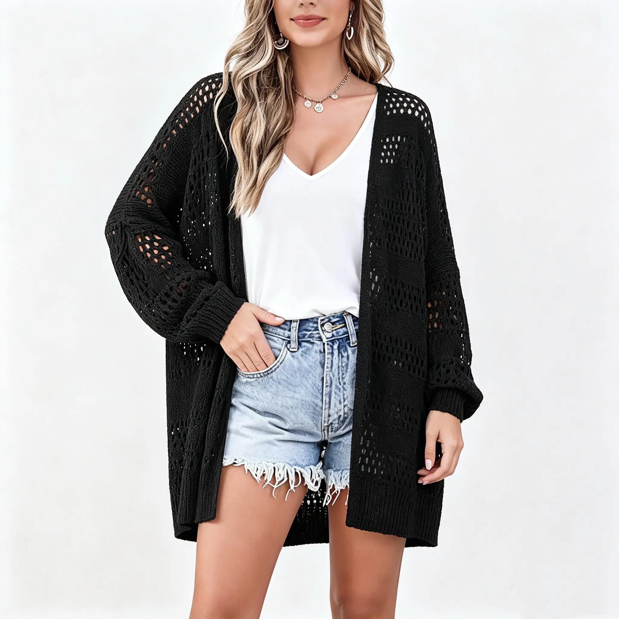 Crochet Cardigan for Women Long Sleeve Open Front Knit Oversized Cardigans Sweaters