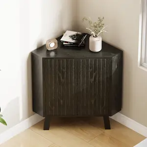 31.5'' Corner Cabinet with Doors, 3-Tier Industrial Fluted Corner Shelf with Adjustable Shelf, Freestanding Triangle End Table for Living Room, Bedroom, Kitchen, Bathroom