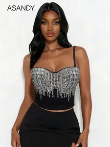 ASANDY Women's Rhinestone Fringe Bustier Crop Top, Sweetheart Neck Spaghetti Strap Beaded Party Top for Club Night & Date Night
