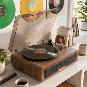 Myvision Vintage Wood Record Player - Rechargeable 3-Speed (33-1/3, 45, 78 RPM) Bluetooth Portable Turntable with Stereo Speakers, RCA Line Out, AUX In, Headphone Jack, for 7/10/12-Inch Records, Bedroom Accessories, Mother's Day Gift