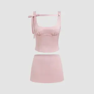 Cider [size 2-10] Satin Square Neck Solid Bowknot Top With Low Rise Solid Mini Skirt