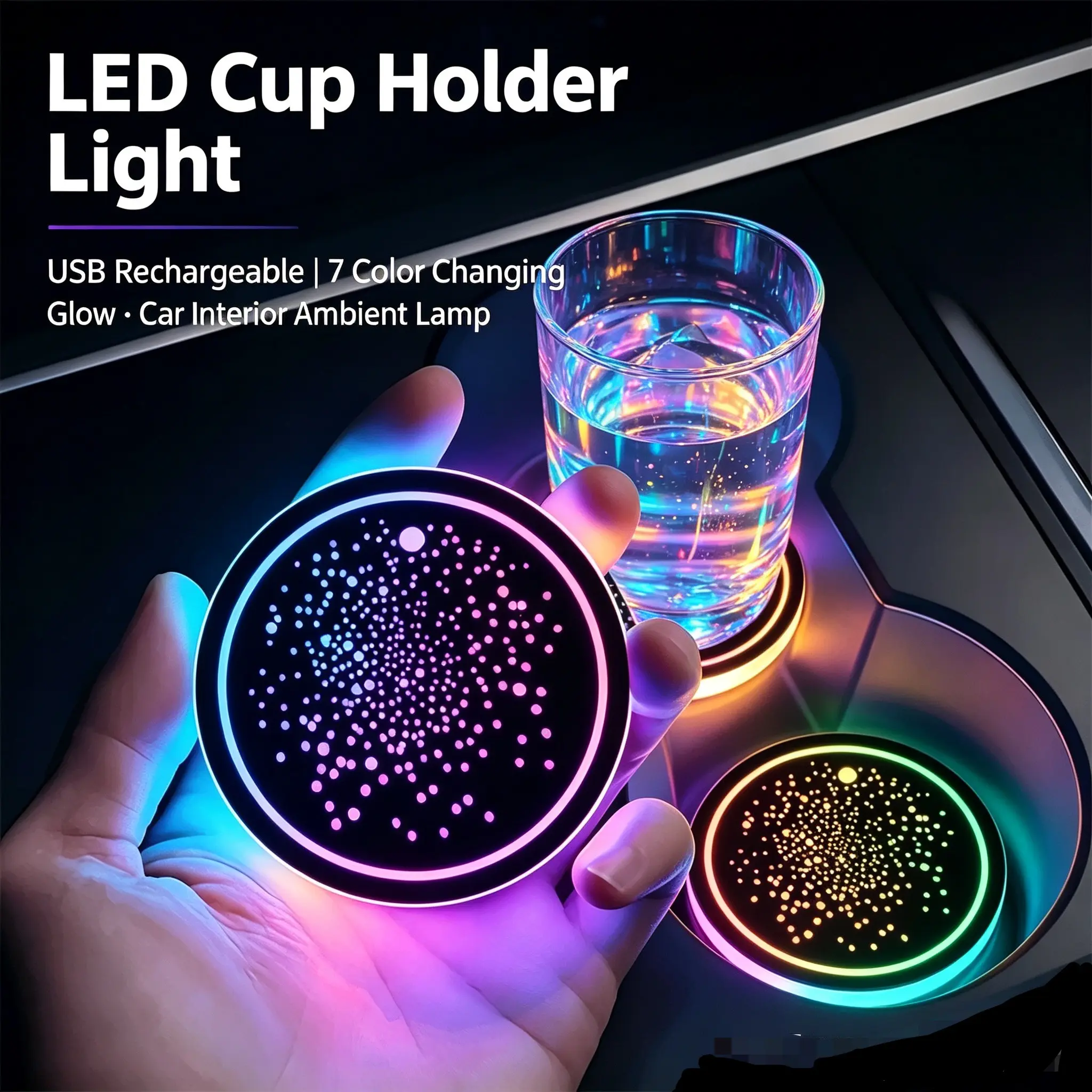 2PCS Portable Rechargeable LED Cup Holder Lights, 7-Color Changing USB Ambient Lamps with Non-Slip Tray, Starry Sky Car Interior Accessories, Cool Car Stuff for Vehicle Use