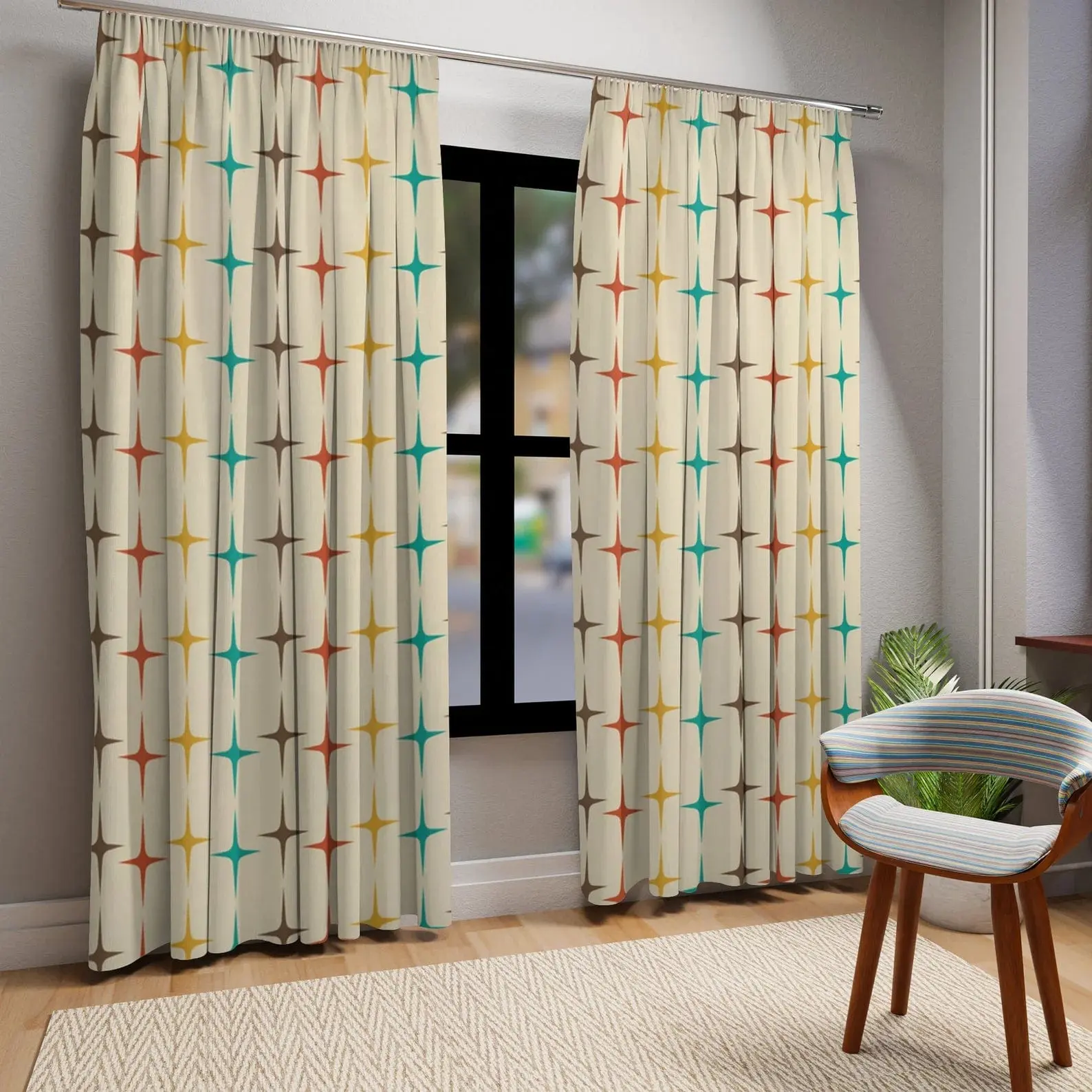 Mid Century Modern Starburst, Beige Aqua, Mustard Yellow, Burnt Orange MCM, Mid Mod Curtain
