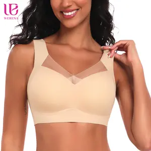 Werena Womens Bra V-Neck Mesh Comfortable Bralette Back Smoothing No Underwire Seamless Push Up Everyday Bras with Wide Straps & Unremovable Pads