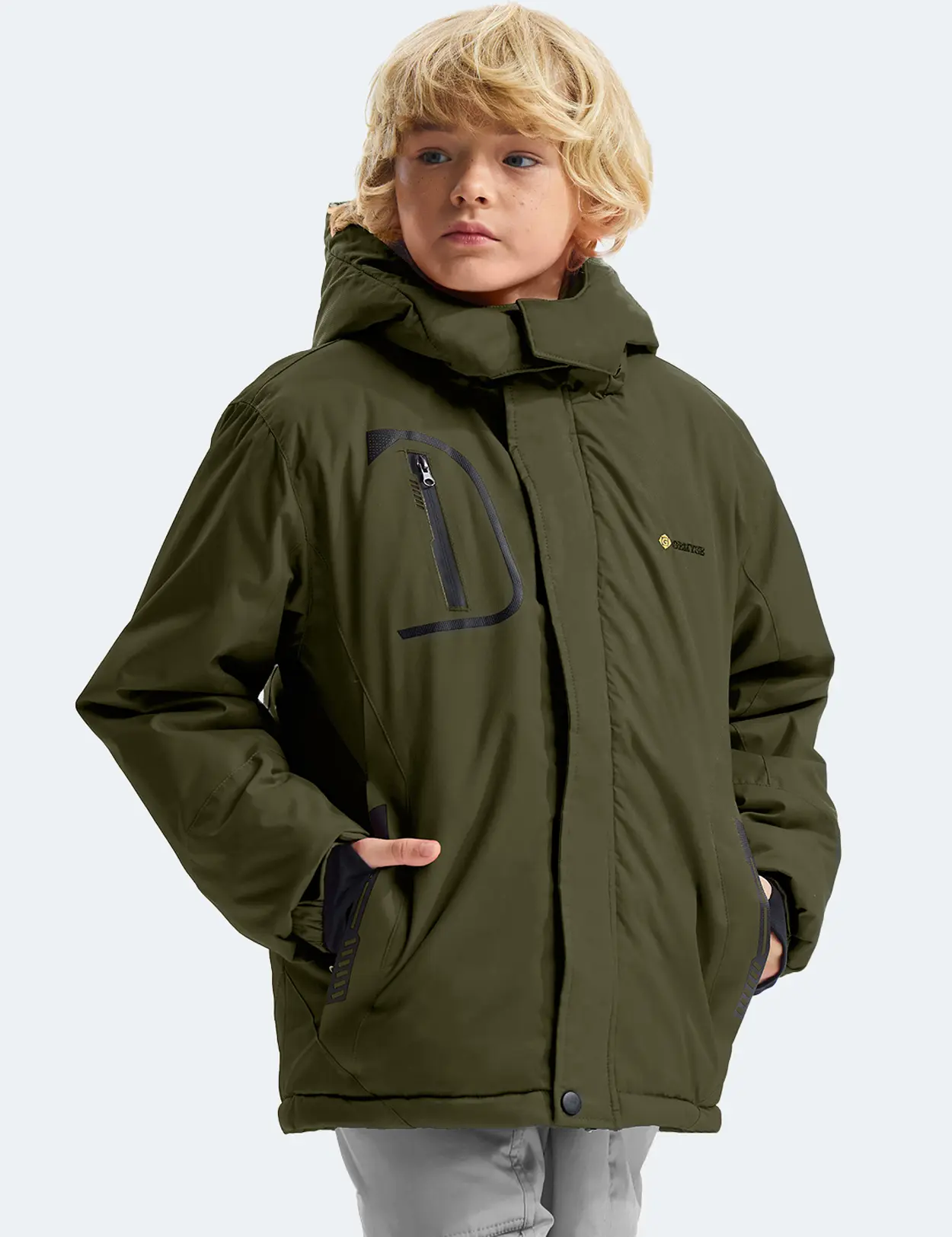 GEMYSE Youth Sizes Fleece Winter Jacket for Outdoor Sports, Windproof Waterproof Coat with Thick Insulation, Multi-Pocket Durable Hooded Ski Suit