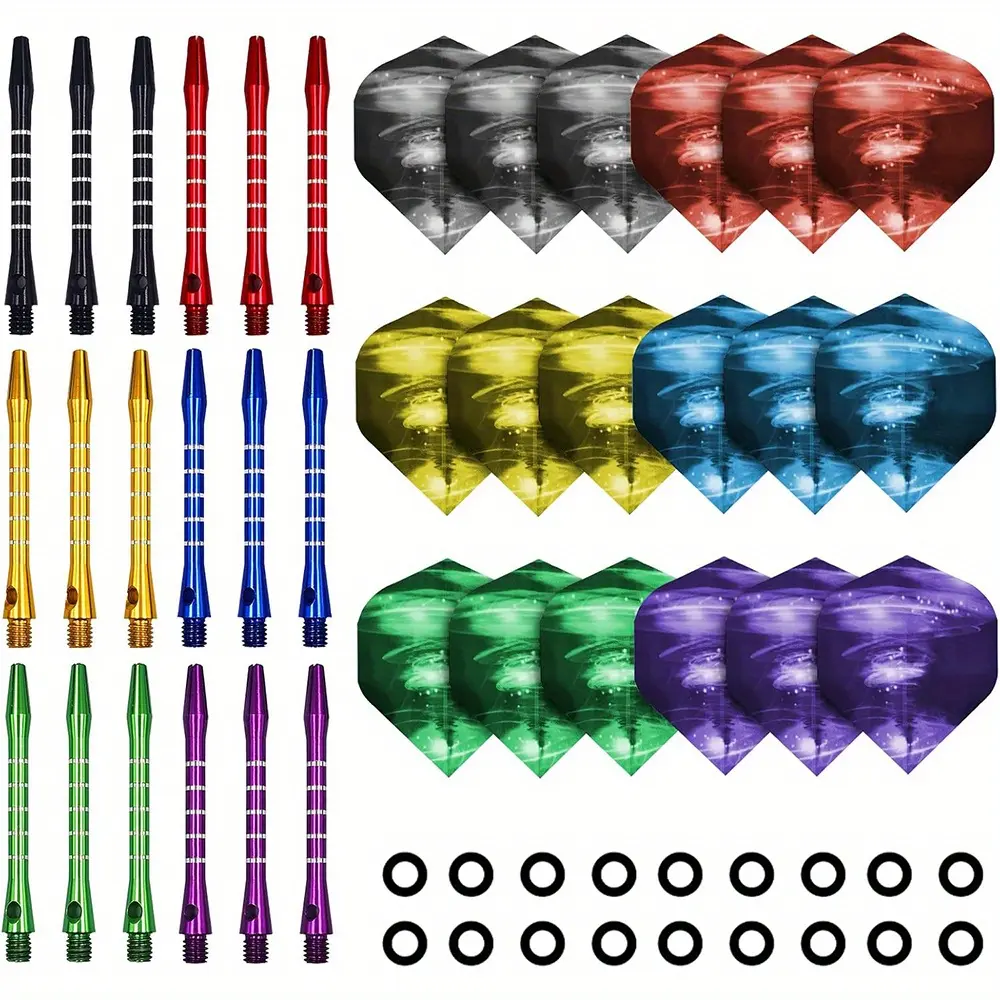Darts Shafts Set, Includes18 pcs Aluminum Dart Shafts for Steel Tip 53 mm, 18 Dart Flights +18 Rubber O-Rings, Medium Dart Shafts, Assorted colors Dart Accessories Kit, Darts Gear
