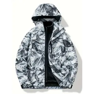Women'S 3-in-1 Windproof Hooded Jacket with Removable Liner - Stylish Black & White Camouflage, Full-Zip Ski Outerwear for Fall/Winter, Casual Outdoor Gear with Pockets, Jacket