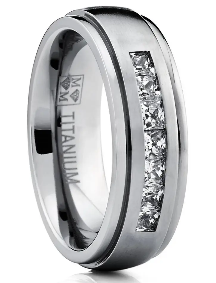 Men's Titanium Dome Engagement Wedding Band - 7MM CZ Ring with Sparkling Zircon Inlay Princess-Cut Cubic Zirconia