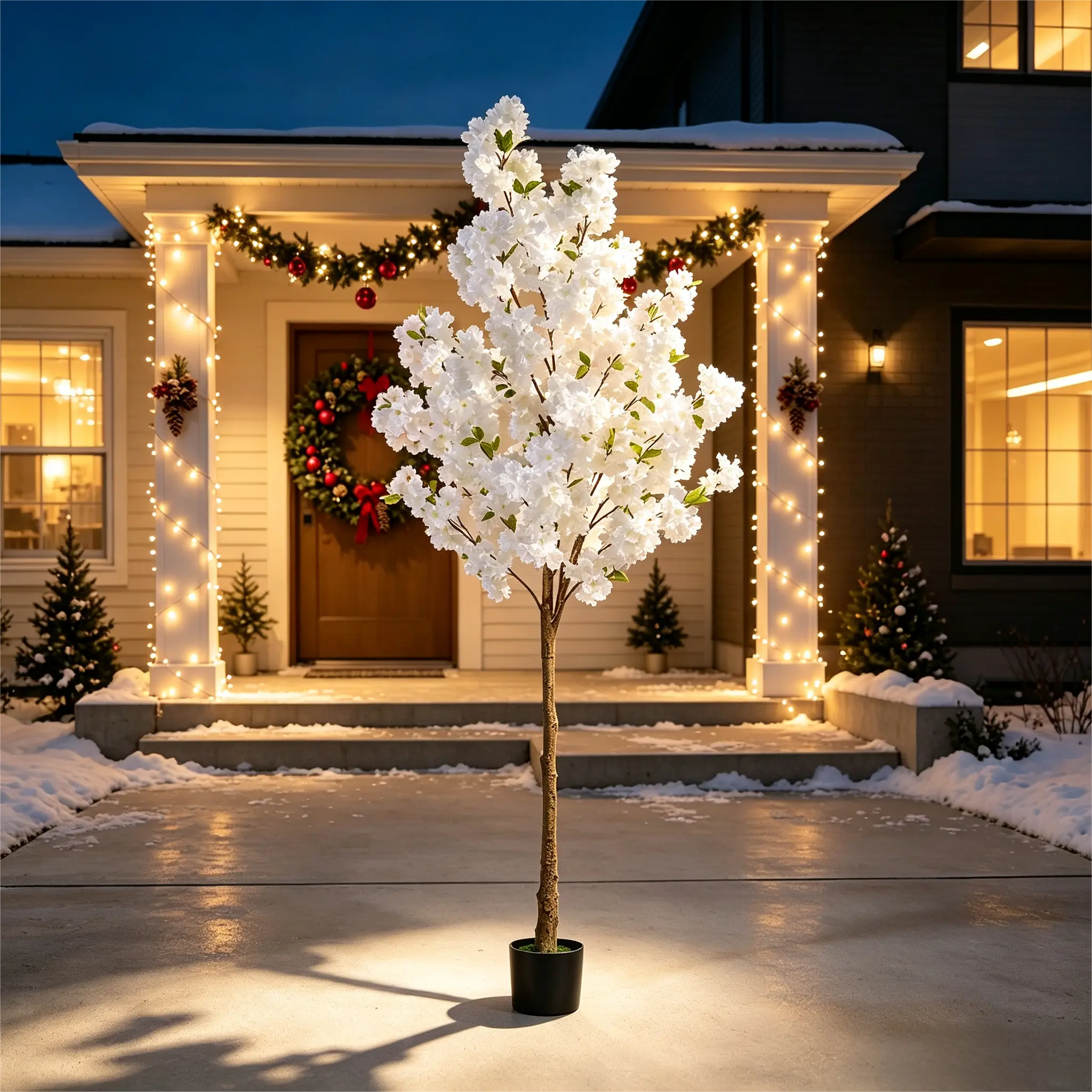 63 Inch White Artificial Cherry Blossom Tree with Black Planter Pot, UV Resistant Realistic Faux Sakura Floor Tree, Fake Flower Plant for Front Porch Night Entryway Home Living Room Office Wedding Party Holiday Christmas Decor