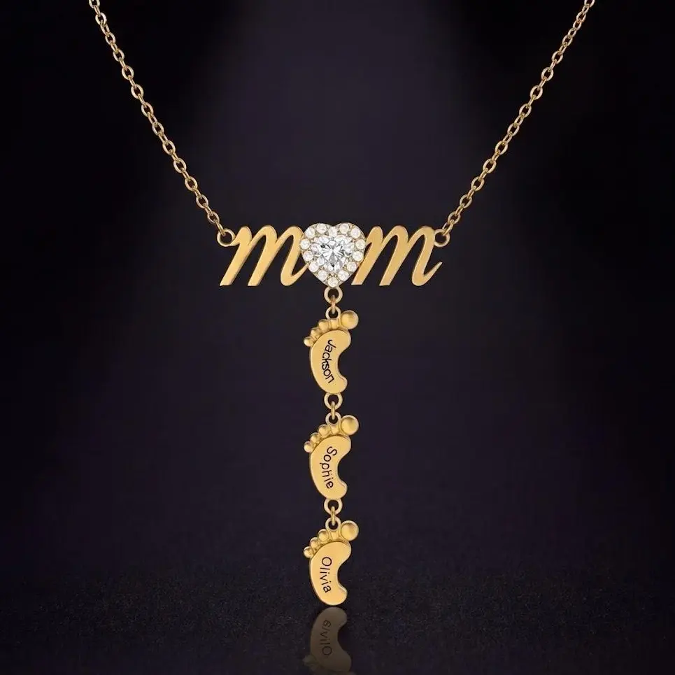 KissYan Personalized Baby Footprint Necklace for Mom with 1-6 Custom Names, Gold Plated Heart Pendant, Mother's Day Jewelry Gift, Exquisite Jewelry Gift, Mother's Day Gift