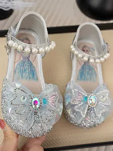 Girls' Princess Bow Decorated Rhinestone Butterfly Cartoon Print Shoes, Sparkling Mesh Anti-Slip Pearl Buckle Velcro Flats, Cute Daily Wear Shoes