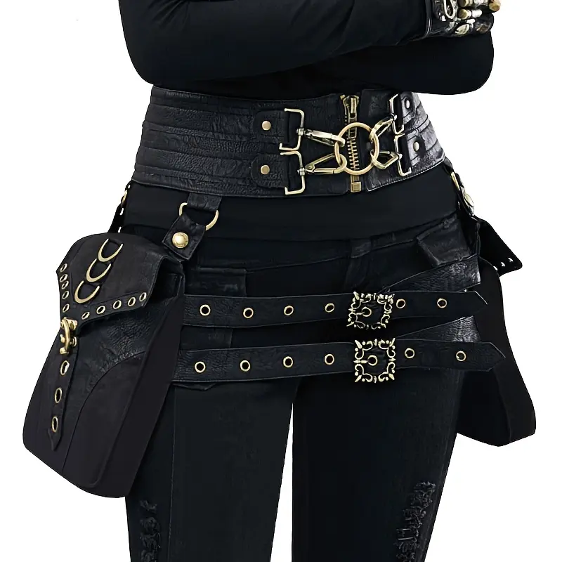 Women's Gothic Steampunk Adjustable Waistband Bag - Waist Pack with Metallic Clasps, Retro Industrial Design, Crossbody Option for Costume Events, Daily Use