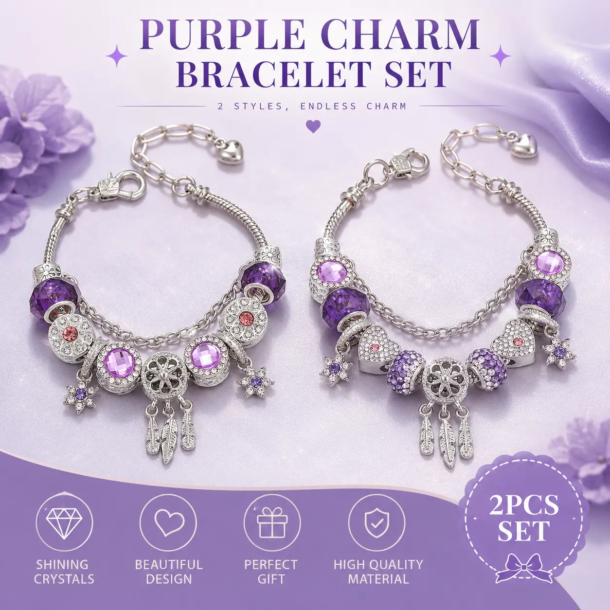 Women's Adjustable Silver-Plated Purple Crystal Charm Bracelet Set, Heart-Dreamcatcher Beaded Charm Bracelets, Indoor Recreation Jewelry Gift
