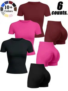 Women's Seamless Sport Knit Set, Round Neck Short Sleeve Top + Invisalign Hip-Lifting Shorts, Breathable High Waist Yoga Pants