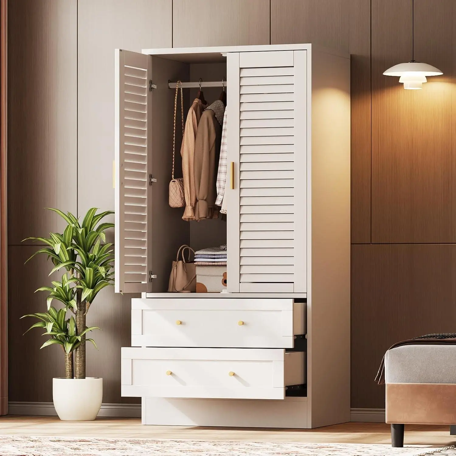 [GAOMON] 65" Louvered Armoire Wardrobe Closet, White Particleboard Clothing Storage Cabinet with 2 Doors, 2 Drawers, Hanging Rod, Anti-Tip Base, Magnetic Door, Large Space & Manual for Bedroom, Cloak Room, Includes Manual