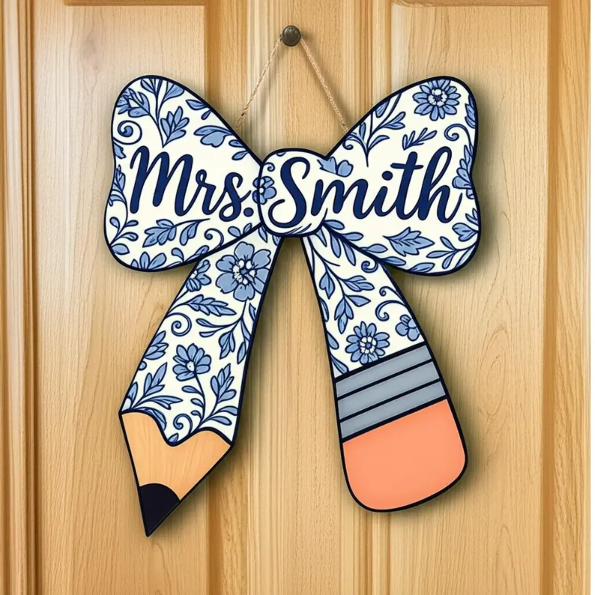 Custom Teacher Door Sign, Personalized Classroom Decor, Pencil Bow Door Hanger, Back to School Teacher Gift
