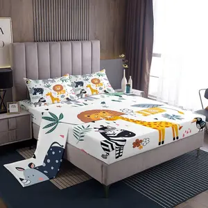 Feelyou Animal-Themed Bedsheet Set - Cartoon Safari Fitted Sheets, Breathable Sheets, Summer Bedding Gift for Kids