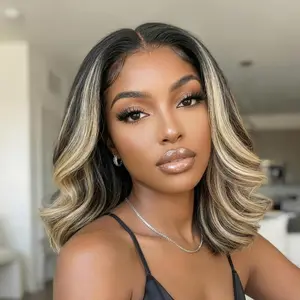 UNice Dark Brunette with Ash Blonde Highlight Layered Wavy Bob Wig Bye Bye Slip 7x5 Lace Human Hair Wigs with Invisi Drawstring Ready and Go