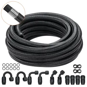VEVOR 6AN Fuel Line Kit,  20 FT Fuel Hose Kit, 0.34" Nylon Stainless Steel Braided Fuel Line Oil/Gas/Diesel Hose End Fitting Kit, with 12 PCS Swivel Fitting Adapter Kit, Black