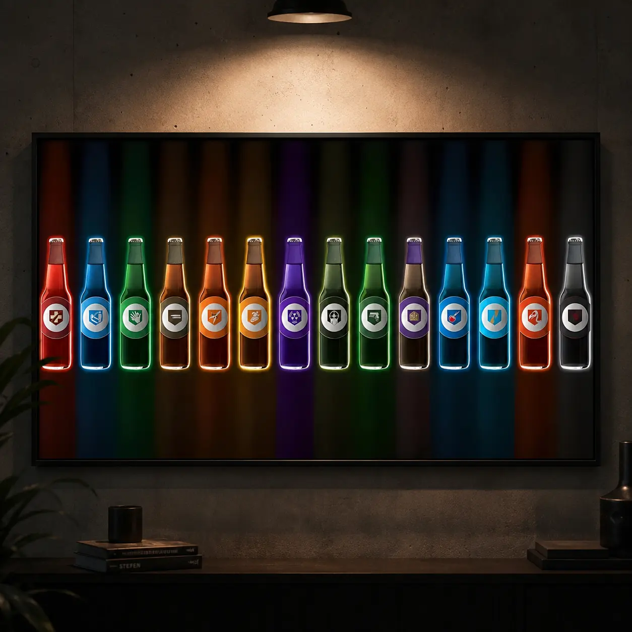 Colorful Neon Bottle Collection Canvas Wall Art Poster, Retro Gaming Room Decor, Horizontal Gamer Print for Bedroom Game Room Man Cave Home Office, Modern Graphic Artwork