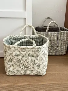Spring Ready Quilted Toile Basket, Cozy, French-Country & Vintage-Inspired Storage Tote, Gingham Lining + Structured Shape, A Go-To for Picnics, Home Organization, and Daily Essentials