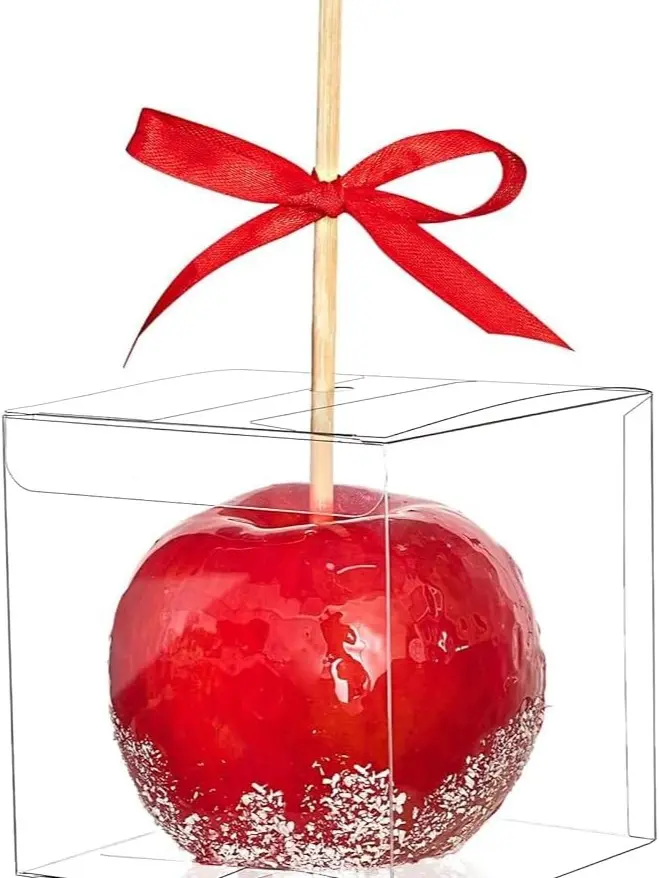 Candy Apple Boxes with Hole, 30 Pack | Food Grade Transparent Plastic Favor Boxes with Red Ribbons, for Standard and Large Caramel Apples, Chocolates, Treats 4x4x4 Inches