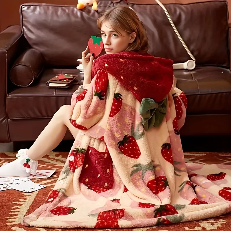 1pc Women's Coral Fleece Strawberry Hoodie Robe - Woven Fabric, Country Rustic, Machine Washable Home Wear, Rustic Wearable Cover-Up, Autumn Winter Fruit Print Clothing, Fleece Blanket Throw