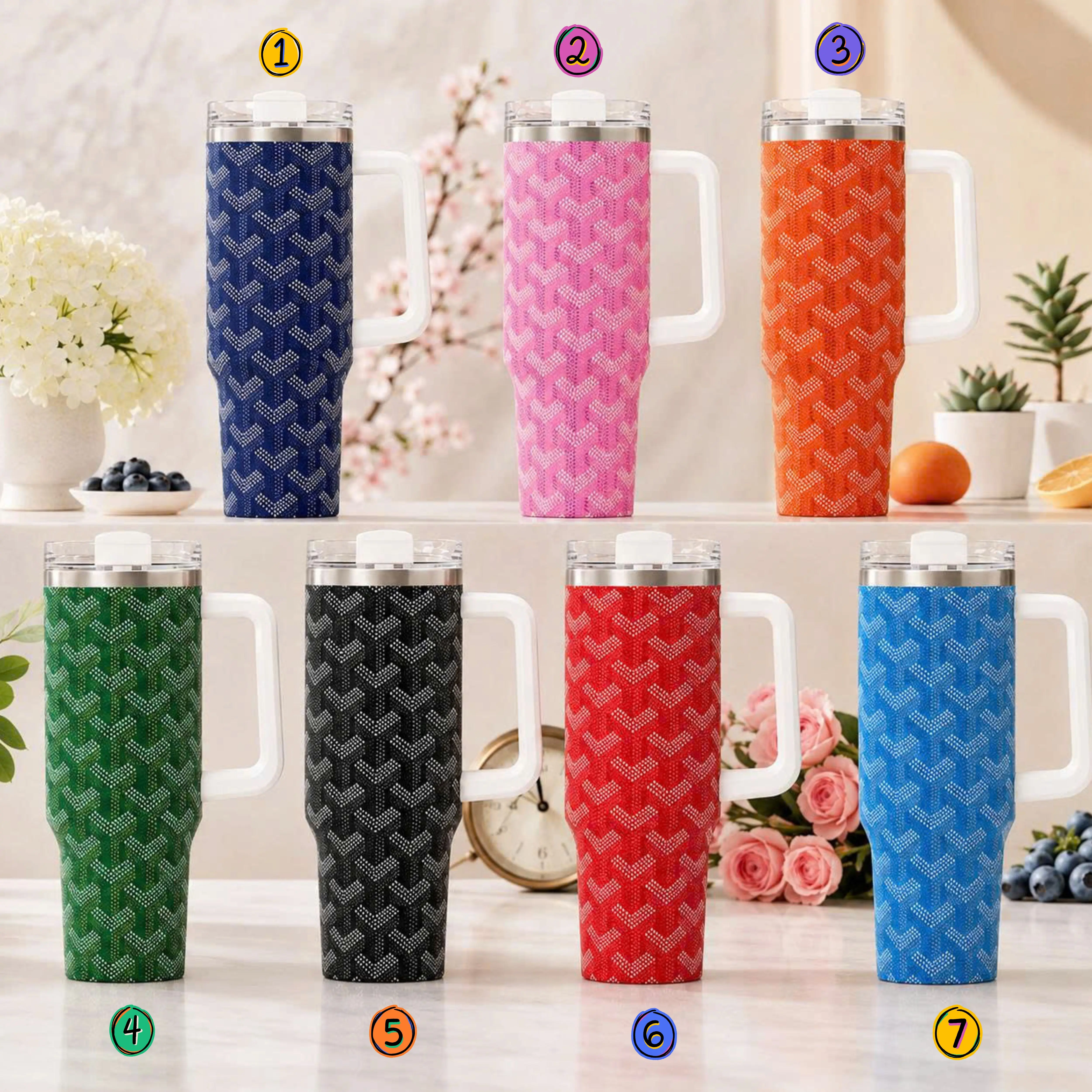 [Gift box and straw] Luxury High-End Parisian Dogtooth Print Pattern 40oz/20oz Tumbler with Handle & Straw, Stainless Steel Double Wall Vacuum Insulated Travel Mug, Luxury Chic Aesthetic Edition, Keeps Drinks Hot & Cold