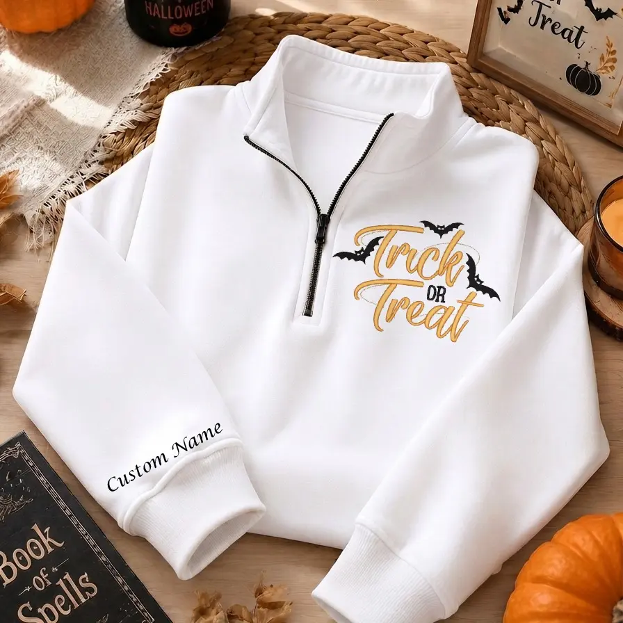 Customizable Trick Or Treat Apparel, Add Your Custom Name, Unisex Quarter-zip Sweatshirt, Cotton Top With Festive Halloween Graphic, Comfortable Casual Clothing For Everyday Style