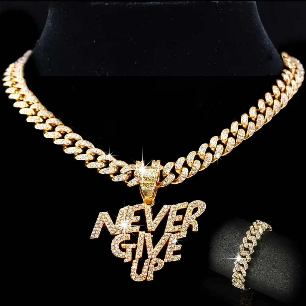 Iced Out Gold Cuban Link Necklace with Ice Crystal 'Never Give Up' Pendant, 2-Piece Hip Hop Fashion Chain for Adults, Rock-Inspired Gift, Hip Hop Jewellery