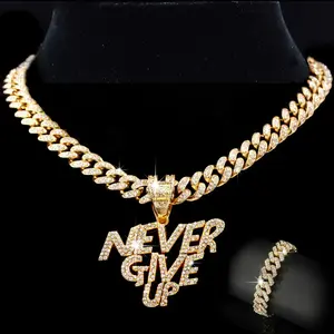 Unisex 2-Piece Hip Hop Costume Jewelry Set - Ice Crystal Shining Cuban Link Chain (Hip Hop Necklaces), "Never Give Up" Letter Pendant Bracelet, Rock-Inspired Fashion Accessory Gift for Women