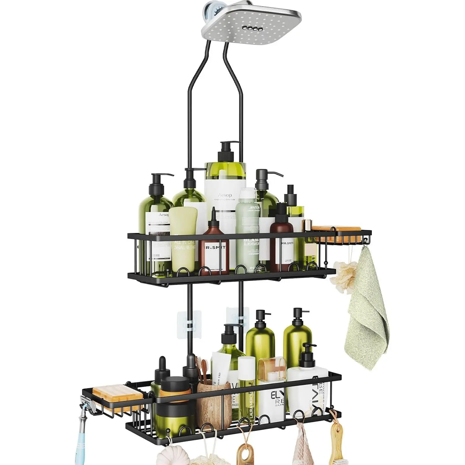 Shower  Hanging: Adjustable Height Organizer for Over Showerhead - Black Rustproof Shower Shelves with Hooks & 2 Soap Holders