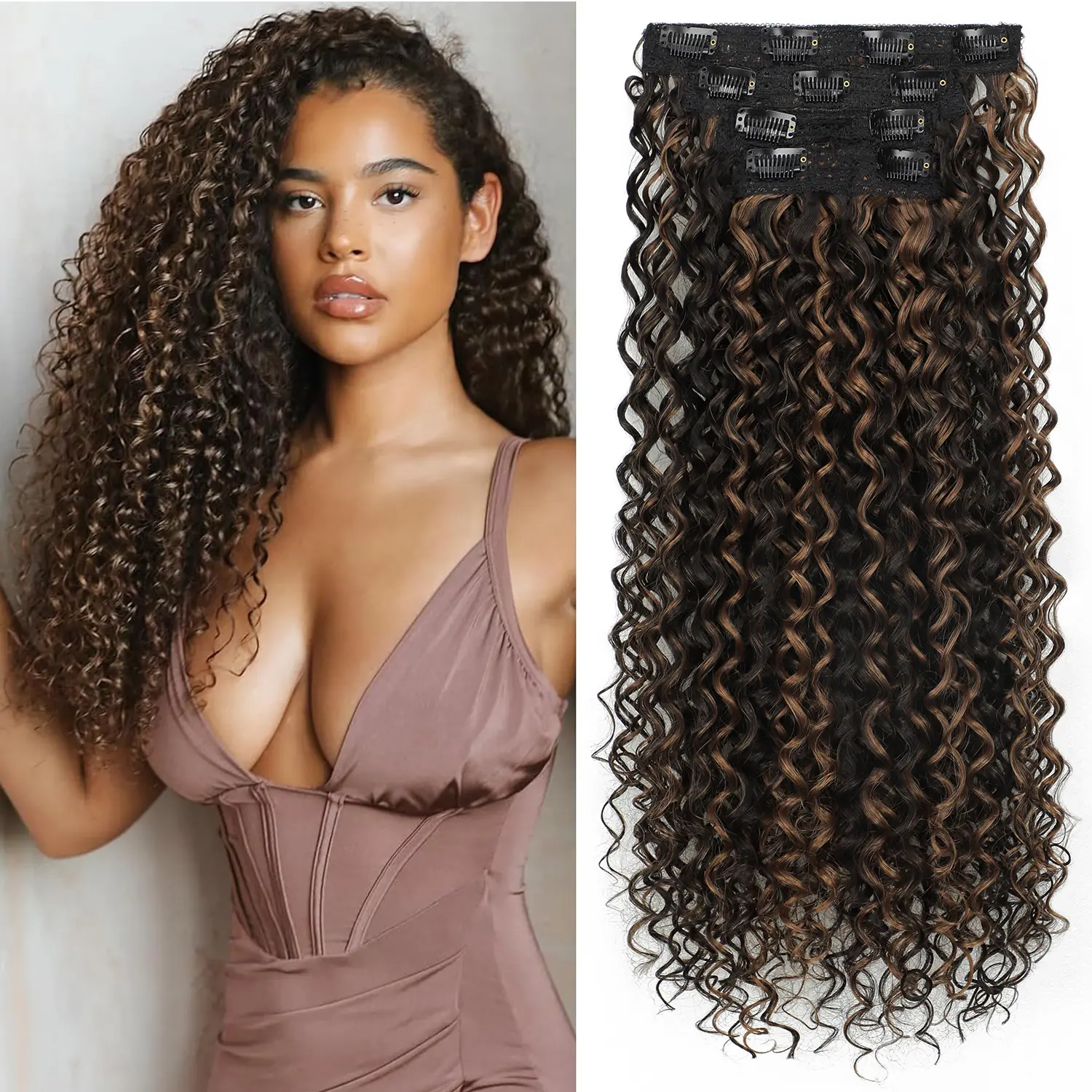 20Inch Deep Curly-Brown with Deep Blonde Highlight