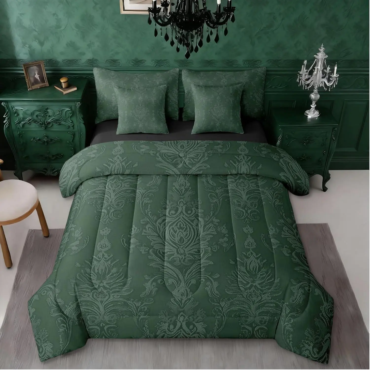 Feelyou Jade Green Damask 7-Piece Bedding Set - Adults' Antique Baroque Gothic Comforter Queen Size Bed Set, Vintage Victorian Floral Bohemian Exotic Sheets, Bedding Sets