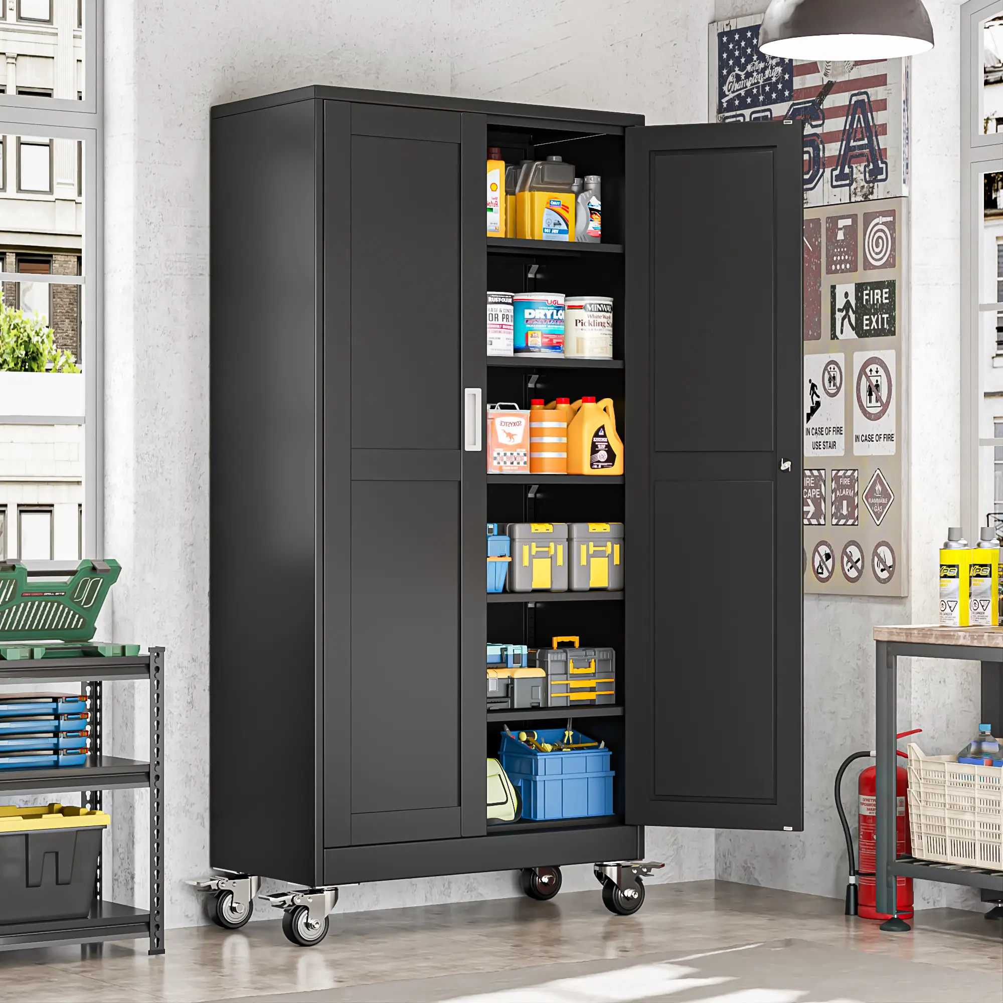 73.8" Lockable Rolling Metal Storage Cabinet, Steel Tool Cabinet with Wheels & 5 Adjustable Shelves for Garage, Office, Home & Shop