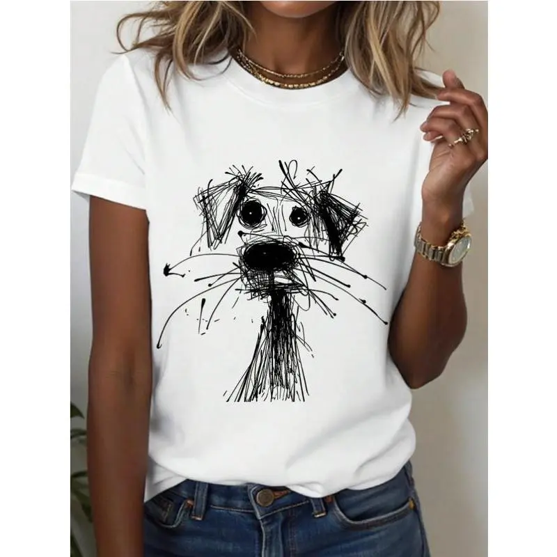 Women's Oversized Fit Tshirt with Hot Stamping Dog Graphic, Casual 100% Cotton Shortsleeve Top, Comfortable and Breathable, Casual Daily